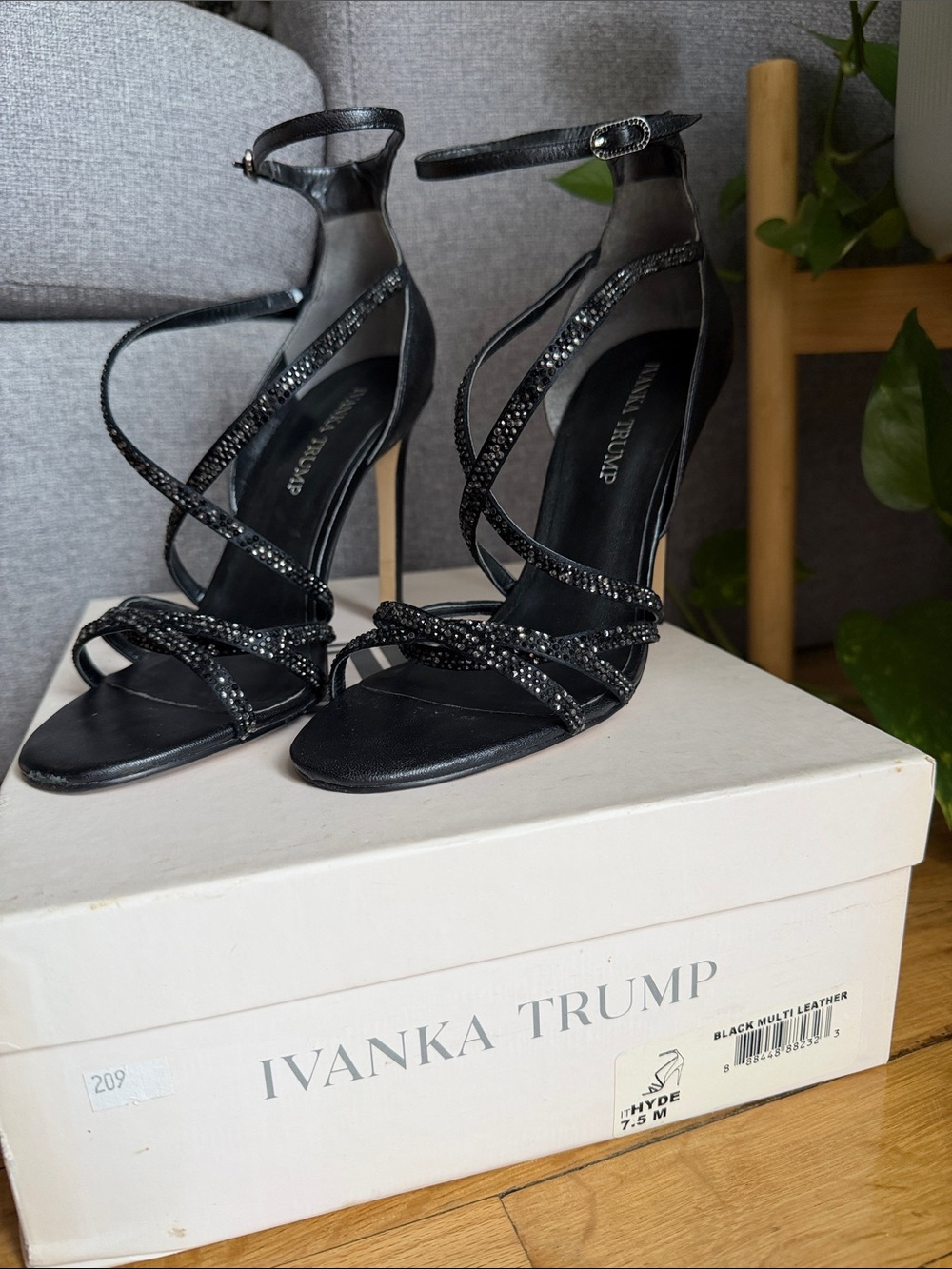 Ivanka Trump Black Strappy Crystal Embellished Stiletto Sandals